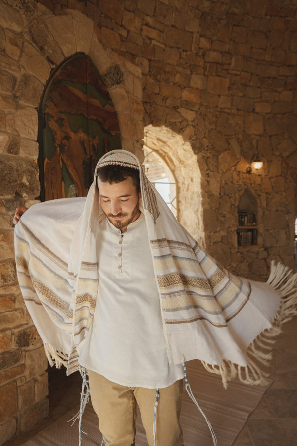 Hod Brown handwoven tallit, ivory with brown, gold and sky blue stripes