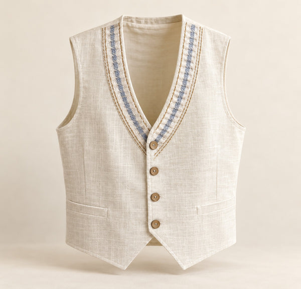 Cream vest with light blue woven trim