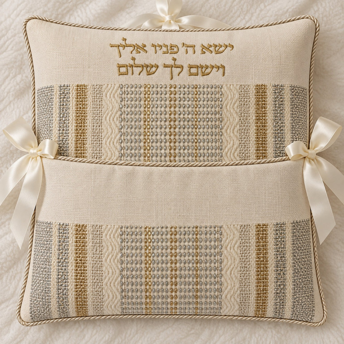 Handmade Brit Milah pillow in ivory, gold and silver