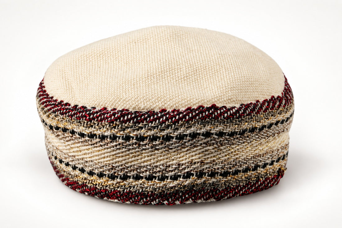 Cream Bukharian kippah with burgundy and black woven stripes