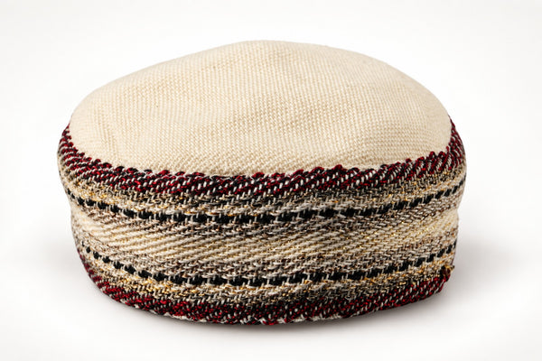 Cream Bukharian kippah with burgundy and black woven stripes