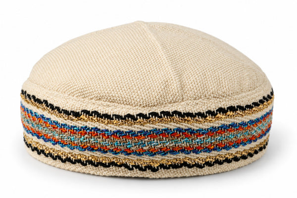 Cream Bukharian kippah with multicolor blue orange and gold woven stripes