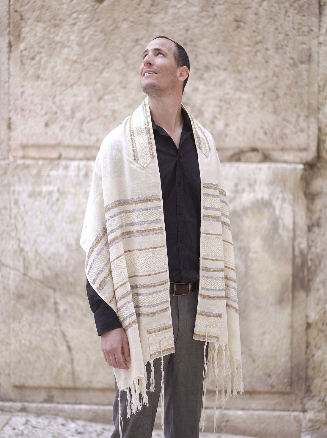 Model wearing Golden Wheat Scarf Tallit