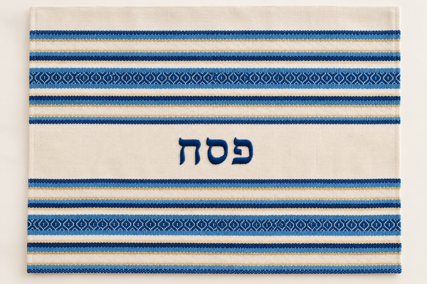 Handwoven Passover matzah cover with blue and cream weaving and Hebrew Pesach embroidery