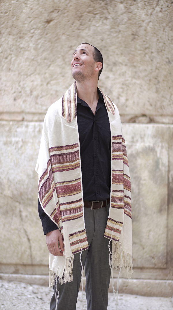 Burgundy rose and ivory handwoven scarf size tallit worn in Jerusalem