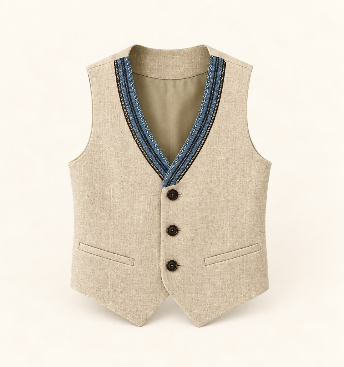 Beige vest with blue woven trim