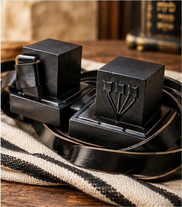 Black tefillin batim and leather straps on a traditional tallit — illustrative product image